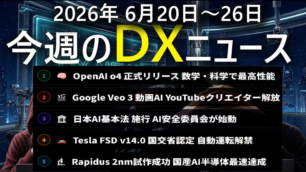 【今週の最新DXニュース Vol.9】OpenAI o4最高性能・Google Veo3動画AI・日本AI基本法施行・Tesla自動運転解禁・Rapidus 2nm成功！
