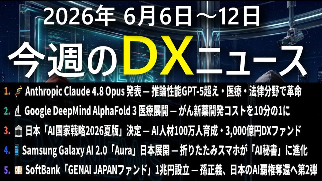 【今週の最新DXニュース Vol.7】Claude 4.8がGPT-5超え・AlphaFold3が創薬革命・日本AI国家戦略3000億円・SoftBank1兆円ファンド！