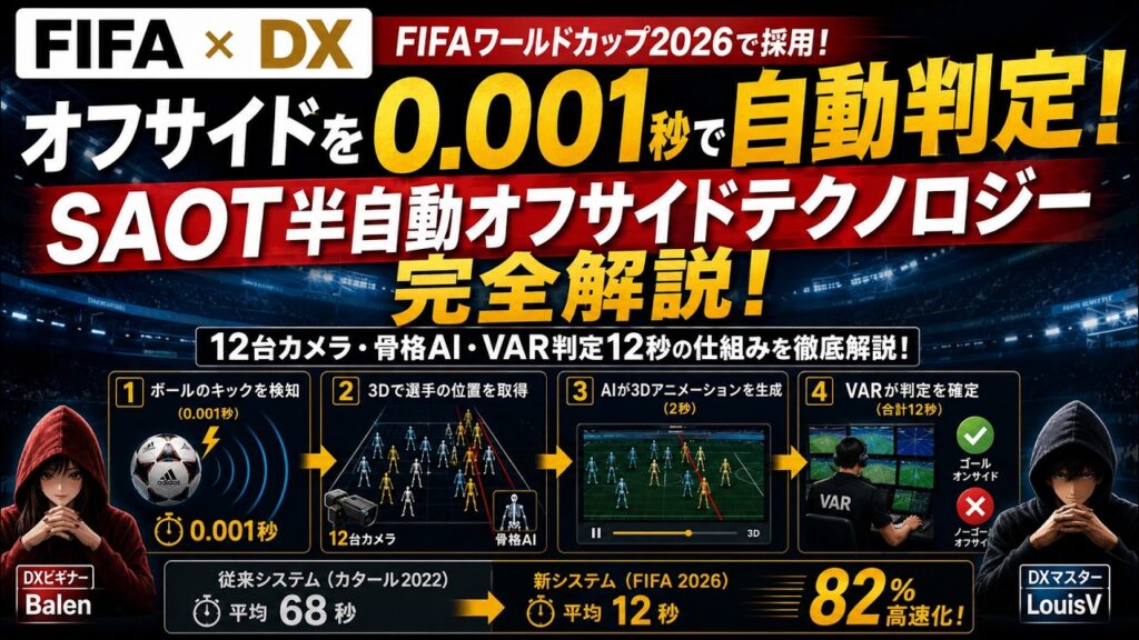 【FIFA x DX】オフサイドを0.001秒で自動判定！SAOT半自動オフサイドテクノロジー完全解説｜12台カメラ・骨格AI・VAR判定12秒の仕組みを徹底解説！